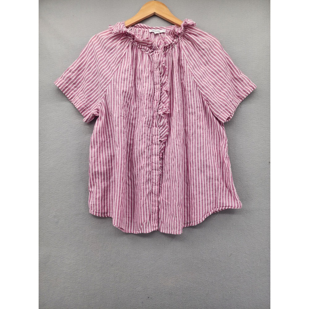 Chicos‎ Pink White Striped Ruffle Button Down Blouse Top Womens Size 3.5 XL 18